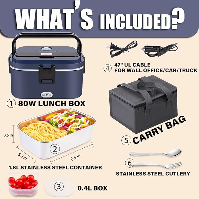 Nifogo Electric Lunch Box for Adults 80W 1.8L, Faster Heated Lunch Box for Men, Portable Electric Lunch Boxes Food Heater 12V/24V/110V Heating LunchBox for Car/Truck/Work with Bag(Blue)