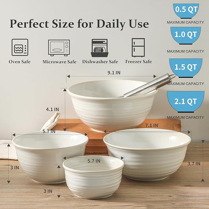 Hasense Ceramic Mixing Bowls, 2.1/1.5/1.0/0.5 Qt, Nesting Bowls for Cooking, Baking, Serving Dishes for Salad, Fruits, Popcorn, Dishwasher & Microwave Safe, Set of 4, Clay-Infused White