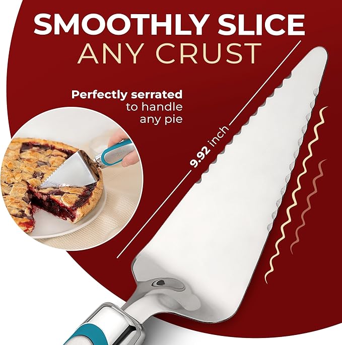 Orblue Pie Server, Essential Kitchen Tool, Serrated on Both Sides, Great for Right or Left Handed Chef, Stainless Steel Flatware, Cake Cutter, Blue