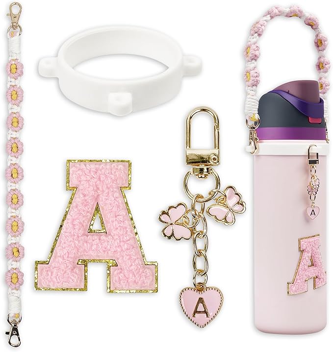 Cute Letter Charm Set Compatible with Owala Water Bottle 24 oz, 32 oz, 40 oz, Owala Kids, Owala Coffee Tumbler, Owala FreeSip – Includes Handle Strap, for Owala Accessories & Stanley Cup Accessories