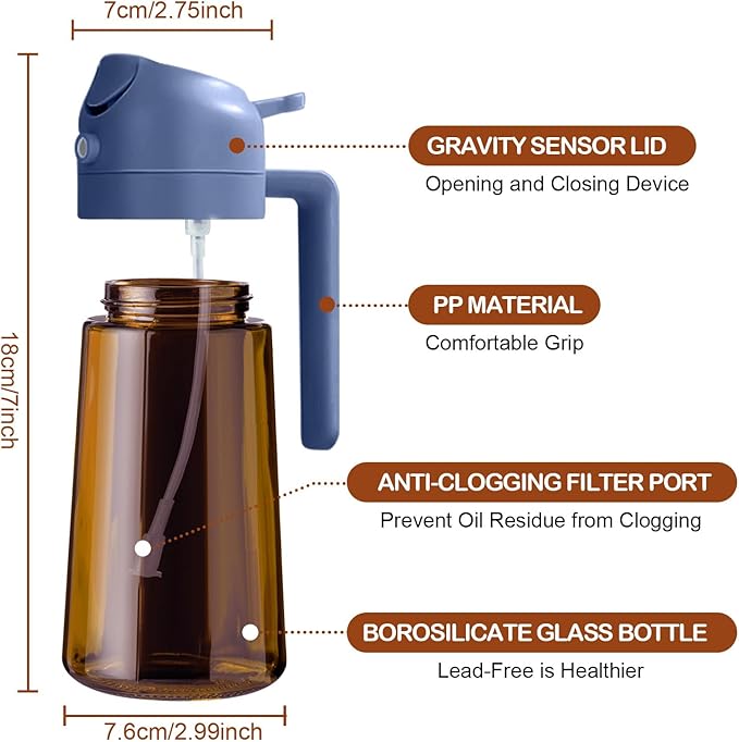 YARRAMATE 16oz/470ml Dark Brown Oil Sprayer for Cooking with Stickers, Food-grade Premium 2 in 1 Olive Oil Dispenser Bottle for Kitchen Gadgets, Air Fryer, Salad, Frying, BBQ (Navy)