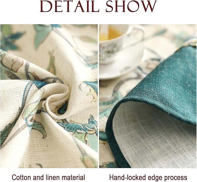 patdrea Designer Green Linen Table Cloth for Rectangle Table,Vintage Floral Pattern Durable Tablecloth,French Cover Decor for Kitchen Dining,Christmas,Thanksgiving,Tea Party,63"x87"-Noah