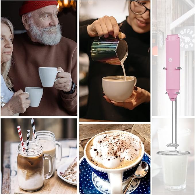 Powerful Milk Frother Handheld Foam Maker, Mini Whisk Drink Mixer for Coffee, Cappuccino, Latte, Matcha, Hot Chocolate, With Stand, Pink