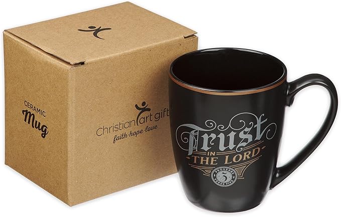 Christian Art Gifts Inspirational Ceramic Coffee & Tea Mug for Men & Women: Trust in the Lord Encouraging Bible Verse Proverb, Sturdy Lead & Cadmium-free Non-toxic Drinkware, Matte Black & Gold, 12 oz