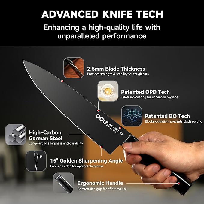 OOU Knife Set with Block and Sharpener, 6 Pcs High Carbon German Steel Kitchen Knife Block Set with Universal Knife Holder, Dishwasher Safe Knife Set for Small Kitchen, Space-Saving, Anti-Rust