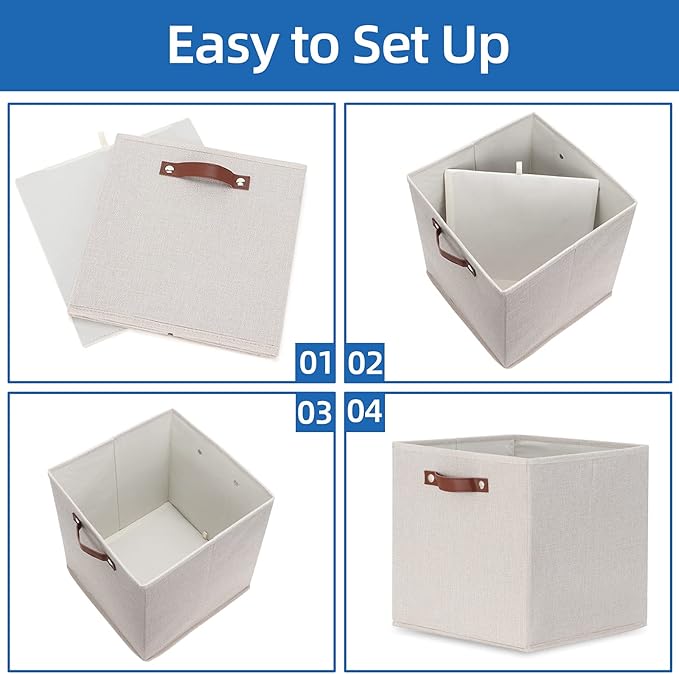 Temary Fabric Storage Cubes Storage Bins with Dual Leather Handles, 4 Pack Cube Baskets 13x13 Foldable Cube Organizers for Shelves, Home, Office, Nursery