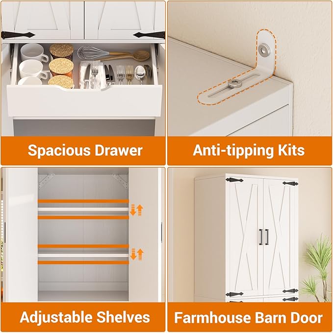 Unikito Kitchen Pantry Storage Cabinet with Farmhouse Barn Doors and Storage Drawer, 4 Adjustable Shelves, Freestanding Tall 71‘’ H Cupboard for Dining Room, Living Room, Utility Room, White