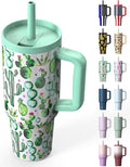 TILUCK 40 oz Tumbler with Handle, Vacuum Insulated Stainless Steel Travel Mug with 100% Leak-Proof Silicone Straw Lid, Cupholder Friendly Water Bottle(Cactus, 40oz)