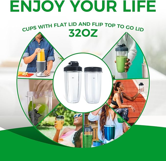 Replacement Blender 32oz Cups with Flip-Top To-Go-Lid & Flat Lid Compatible with Nutribullet Pro 900w/ 600w Models