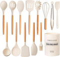 Country Kitchen Non Stick Silicone Utensil Set with Rounded Wood Handles for Cooking and Baking, 14 Piece Set, Khaki