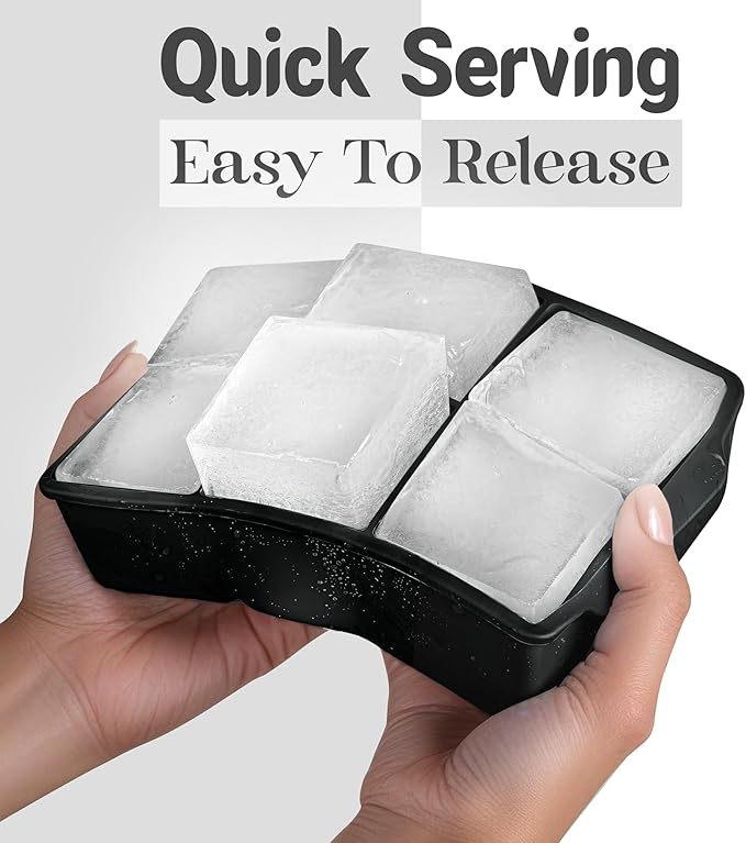 KitchFort Large Silicone Ice Cube Tray (2-Pack), Easy Release 2" Big Ice Cubes - Cocktail, Whiskey Ice Cubes Mold - Ice Trays for Freezer with Lid - Stackable Silicone Ice Tray - Black