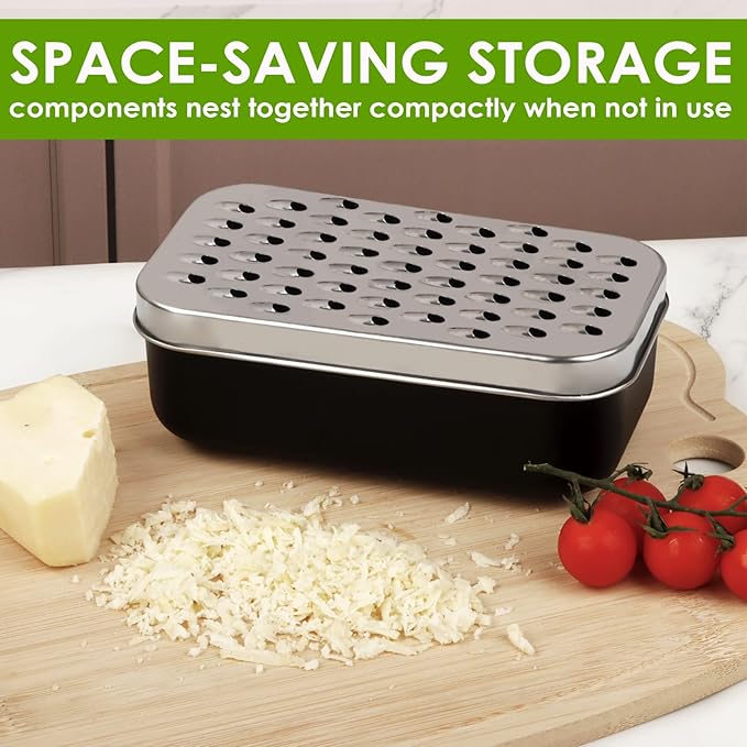 Cheese Grater Citrus Lemon Zester with Food Storage Container & Lid - Perfect For Hard Parmesan Or Soft Cheddar Cheeses, Ginger, Vegetables, Butter, Chocolate & Nutmeg, Black