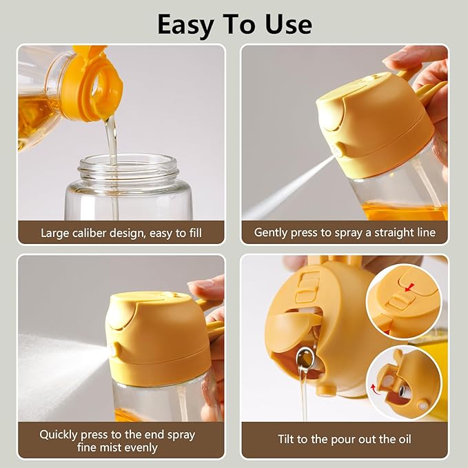 Oil Sprayer for Cooking, 16oz/470ml 2 In 1 Glass Olive Oil Sprayr & pourer for Kitchen, Air Fryer, Cooking, Salad, BBQ (Yellow)