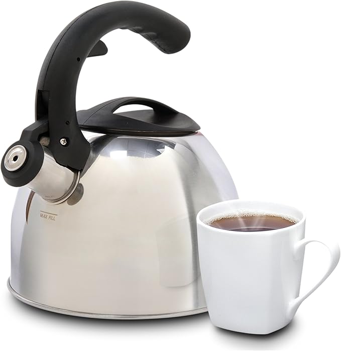 Mr Coffee Steamline 2 Quart Whistling Stainless Steel Tea Kettle with Black Handle