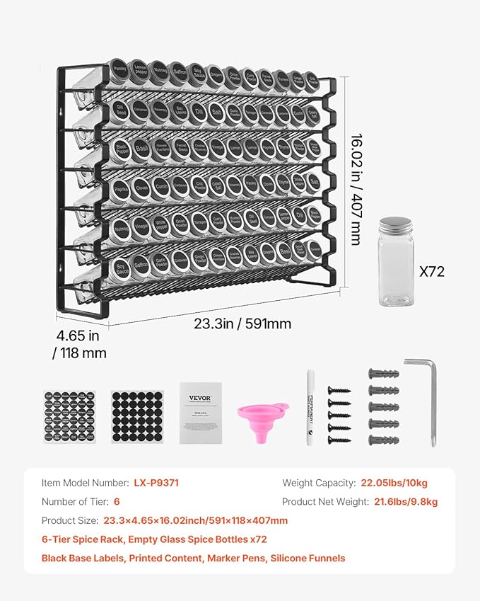 VEVOR Spice Rack Organizer for Cabinet, Spice Organizer with 72 Empty Spice Jars, Lids, Spice Labels, and Funnel Complete Set, Seasoning Organizer for Countertop, Kitchen, Pantry, Cupboard, 23x16 in