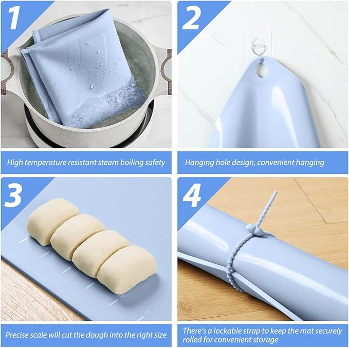 Silicone Pastry Mat 24"*16" Extra Thick Non Stick Baking Mat Food Grade Silicone Dough Rolling Bake Mat with Edge Heightening Blue
