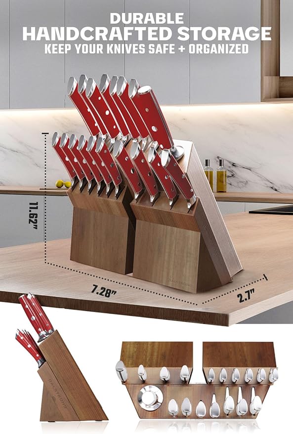 DALSTRONG Gladiator Series Elite-18pc Stainless Steel Knife Set with Block-High Carbon German Steel-Acacia Wood Block-Knife Set w/Red Handles-NSF Certified-Men's Valentines Gift