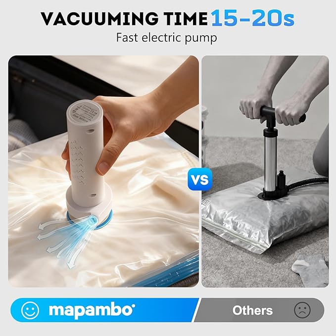 Mapambo Vacuum Seal Bags for Clothing Travel with Electric Pump, 15 Pack Vacuum Bags in 3 Combo sizes, Space Saver Vacuum Storage Bags, Reducing Luggage Volume by up to 80% (15 Combo Travel Size)