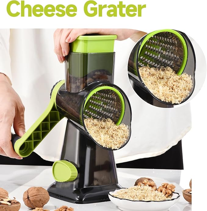 Rotary Cheese Grater with Handle Kitchen Shredder Slicer Grater Slicer Ice Shaver Cheese Vegetable Nuts Potato Zucchini Chocolate 3 Interchangeable Blades (Green TSP)