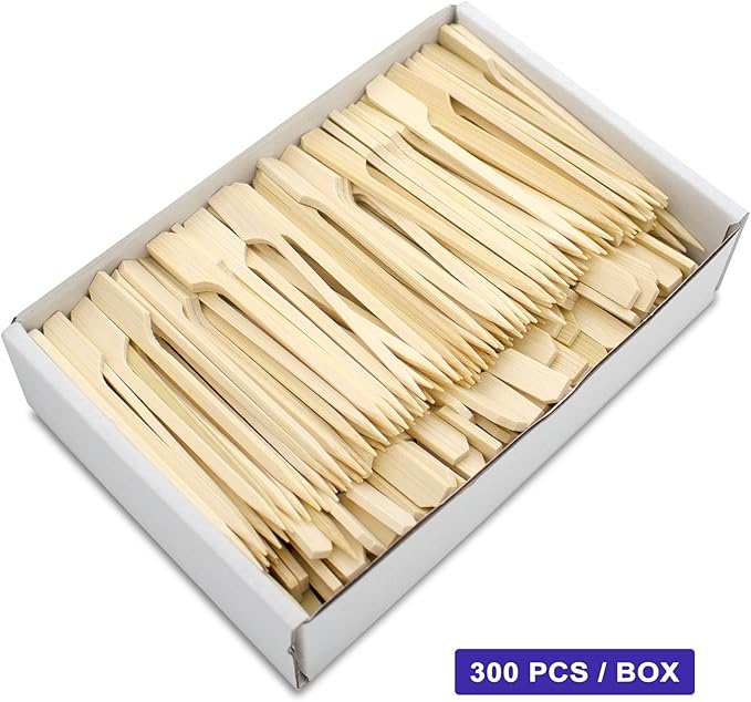 BLUE TOP 300Pcs Bamboo Paddle Picks, 3.5 Inch Sturdy Flat Skewers Food Appetizer Toothpicks for for Fruit, Grilling, Drink, BBQ, Barbecue, Yakitori Chicken, Fondue, Roasting,Cocktail, Marshmallow