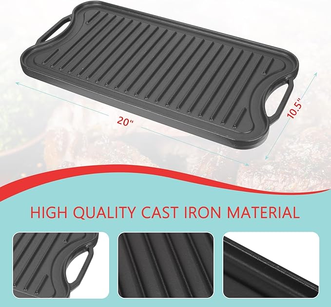 2 in 1 Reversible Cast Iron Griddles for Gas Grill,Flat Griddle-Pan for Gas Stove,Pre-Seasoned Oven Top Pan, Upgrade Double Burner Griddle for Indoor & Outdoor Cooking Accessories,20" X 10.5"