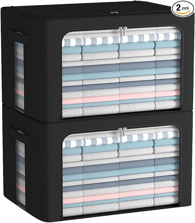 FHSQX 2 Pack Clothes Storage Bins Foldable Metal Frame Storage Box Linen Fabric Organizer Set with Carrying Handles and Clear Window (Black, 15.7x 11.8x 7.8Inch)