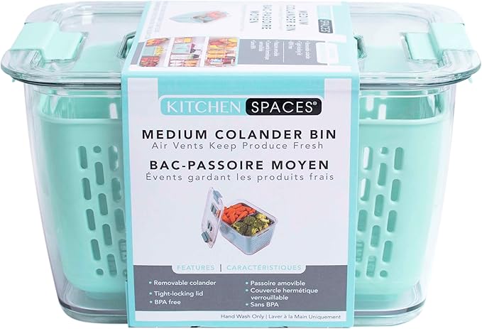 Kitchen Spaces Colander Bin, Produce Saver, Fridge Organizer With Lid, Wash, Strain and Store, Great for Refrigerator, Freezer and Pantry, Medium, Mint Green, Pack of 1