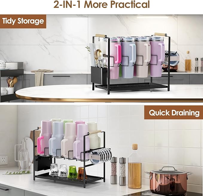 Housolution Water Bottle Organizer Drying Rack for 40 oz Tumbler with Handle, Multifunctional Cup Storage Holder Compatible with Stanley, Owala, Simple Modern and Other Brands, 8 Slots (Patented)