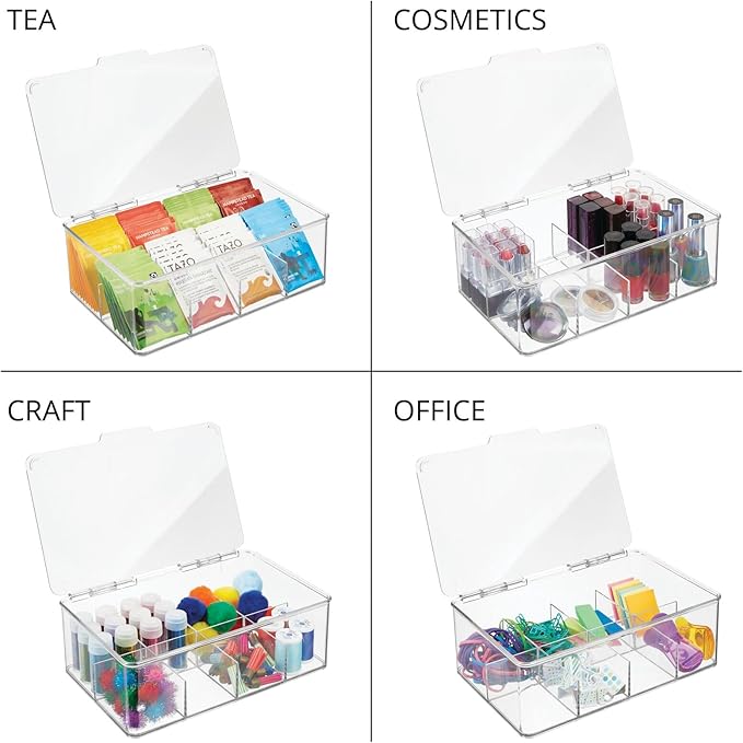 mDesign Tea Bag Single Serve Pouch Divided Box Holder Organizer, Clear