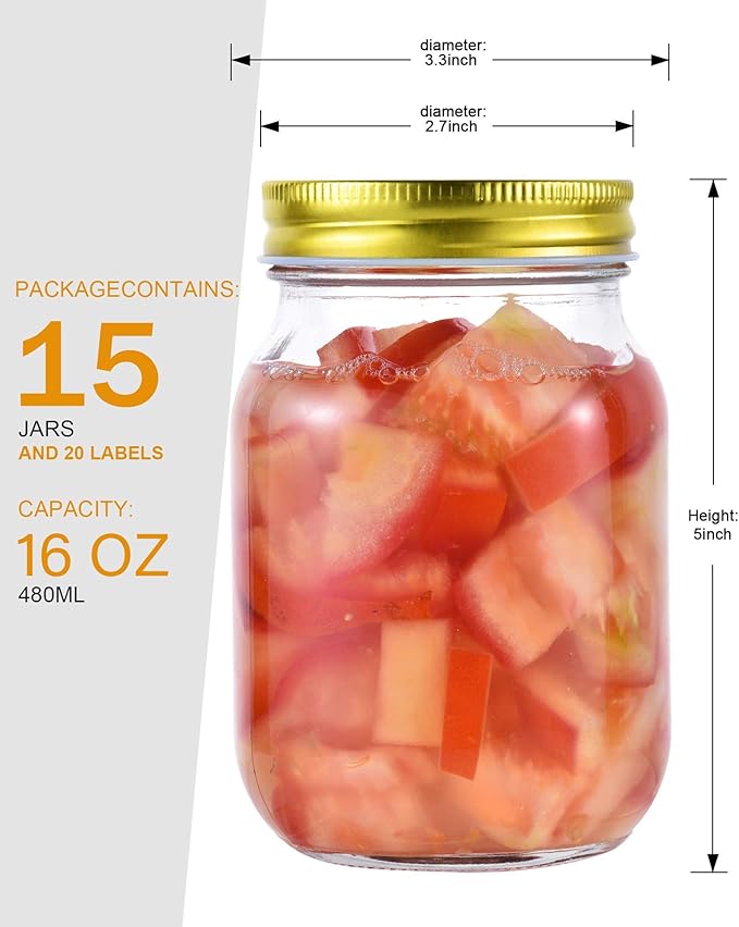 16 oz Mason Jars With Lids Regular Mouth 15 Pack-16 oz Glass Jars with Gold Lids,Bulk Pint Clear Glass Jars For Meal Prep, Food Storage With 20 Labels
