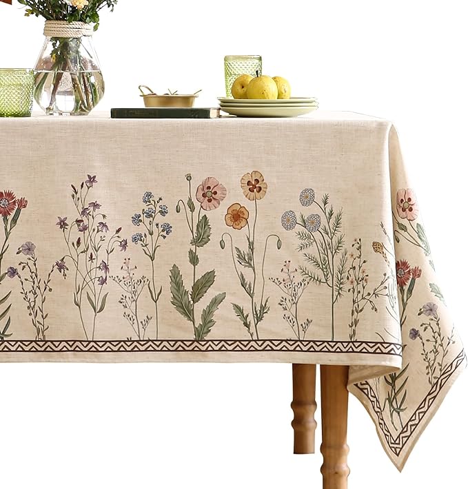 ISAENNE Designer Off White Linen Table Cloth for Rectangle Table,Floral Elegant Tablecloth,Stain Resistant Vintage Decor Tablecloths for Dining Thanksgiving Kitchen,55"*79"-Serenity G