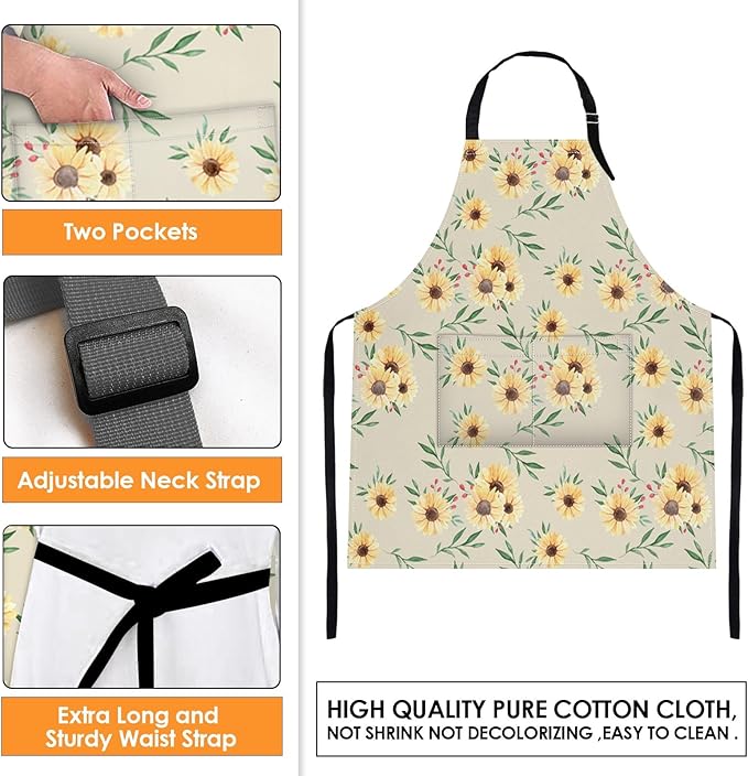 Britimes Sunflower Flower Summer Vintage Spring Apron Home Kitchen Cooking Baking Gardening for Women Men with Pockets 32x28 inch