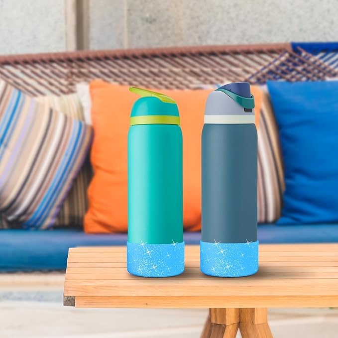 2PCS Silicone Water Bottle Boot for Owala 32oz, Protective Bottom Bumper Anti-Slip Sleeve for FreeSip, Twist, and Flip Stainless Steel Bottles, Dishwasher Safe and BPA Free(Shiny Blue)