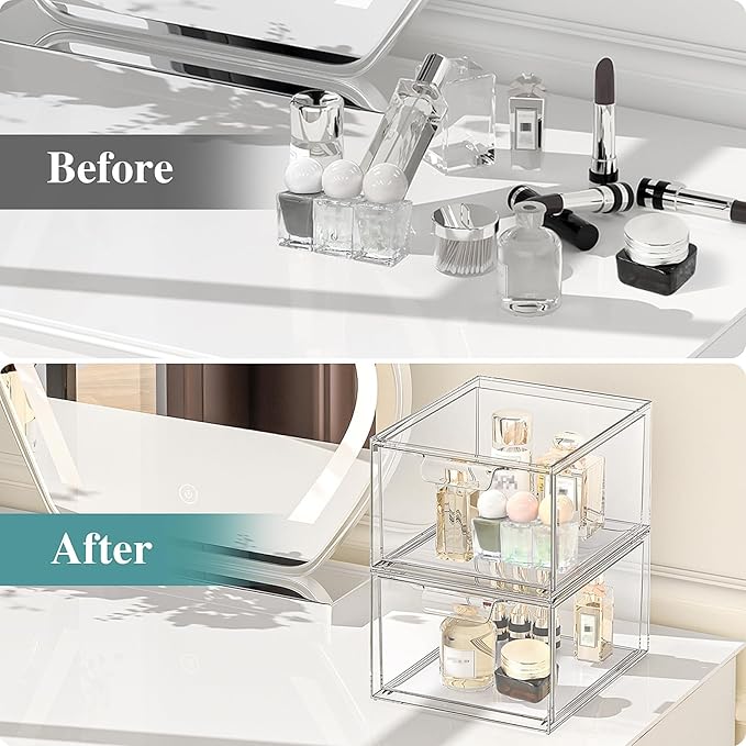 4 Pack Stackable Makeup Organizer and Storage, Acrylic Organizers，Clear Plastic Storage Drawer with Handles for Vanity, Undersink, Kitchen Cabinets, Pantry