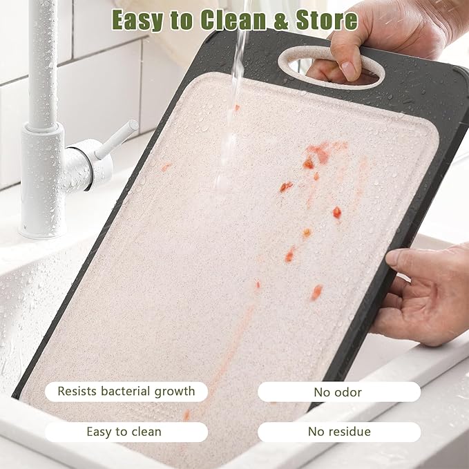GUANCI Cutting Board for Kitchen 2-in-1, Stainless Steel & Wheat Straw PP Double-Sided Chopping Board,non toxic Chopping, Easy to Clean, Ideal for Meat, Vegetables and Fruits