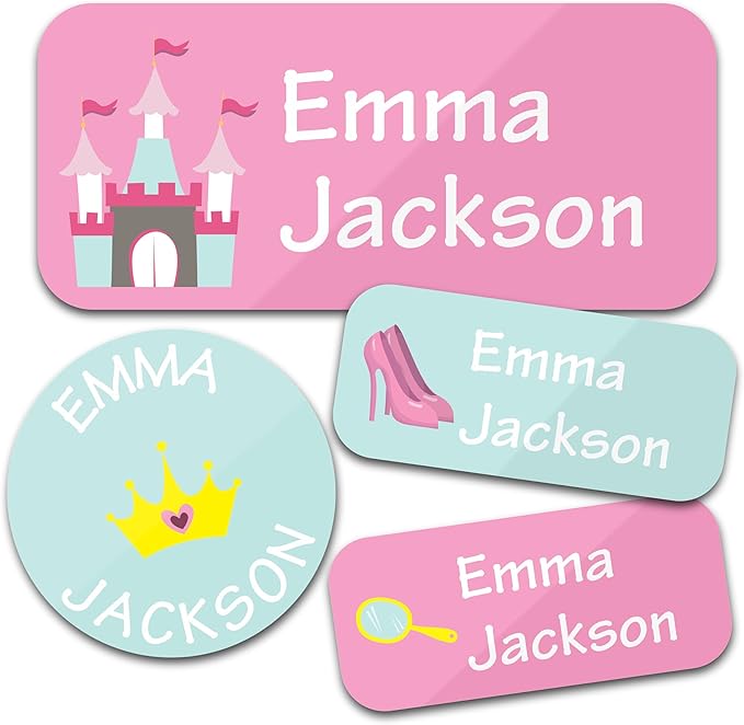 Personalized Daycare Name Labels for Kids (130 Labels) - Custom Waterproof Name Stickers for Clothing Tags, Water Bottles, Lunch Boxes and School Supplies (Princess)