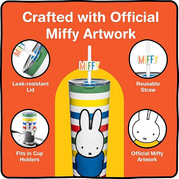 Dragon Glassware | Miffy 24 oz Vacuum Insulated Tumbler with Lid and Straw - Tumbler Cup with 2 Straws - Stainless Steel Tumbler with Straw Topper for Water, Iced Tea - Stripes