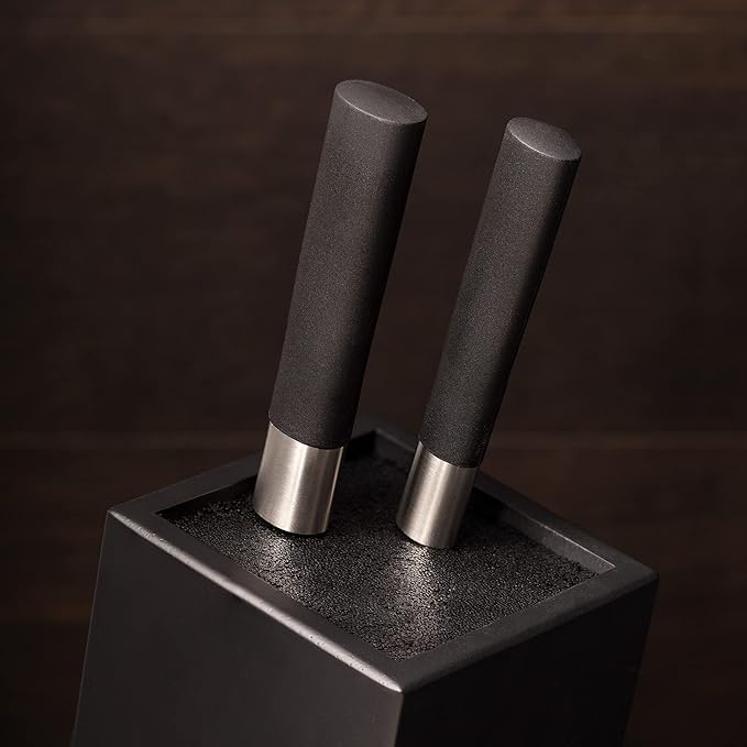 Navaris Universal Knife Block Holder - Rubber Wood Stand with Bristles to Fit Different Sizes of Knives - Angled Design, 9.8" x 5.9" x 4.1’" - Black
