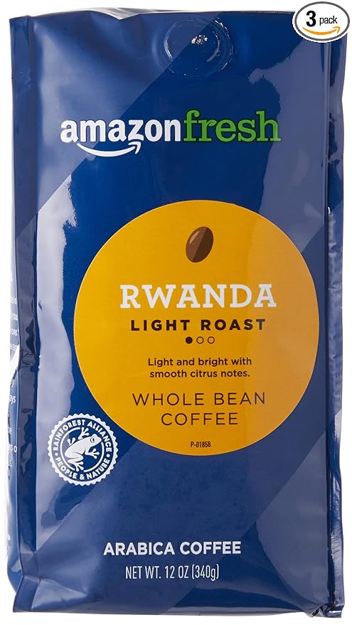 Amazon Fresh, Rwanda Whole Bean Coffee, Light Roast, 12 Ounce (Pack of 3)