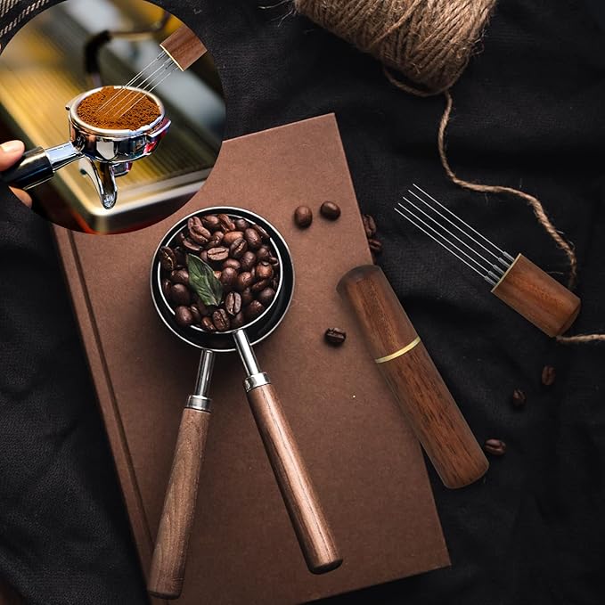 Espresso Coffee Stirrer 5 Needles 0.4mm Espresso Distribution Tools, Natural Wood Handle and Stand (Rosewood)