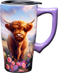 Spoontiques - Ceramic Travel Coffee Mug with Lid and Handle - Spill Proof Lid - Double Walled Mug for Hot and Cold Beverages - Microwave and Dishwasher Safe - Highland Cow Travel Mug