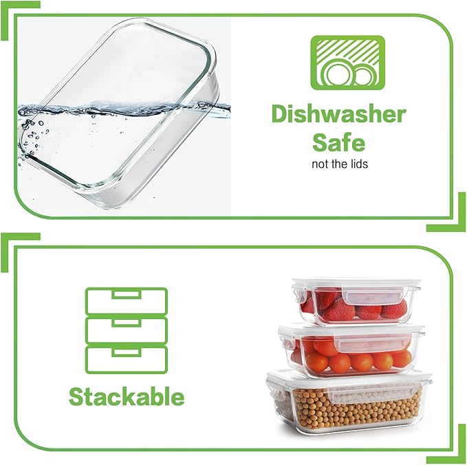 HOMBERKING Glass Food Storage Containers with Lids, [18 Piece] Meal Prep Containers, Airtight Lunch Bento Boxes (9 lids & 9 Containers) - White
