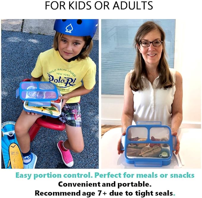 Bento Lunch Box Kids & Adults, Lunch and Snack Containers for Boys & Girls with 3 Compartments - School, Work Daycare, Meal Planning Portion Control Container, BPA-Free Boxes, Utensils, Blue 1 pack