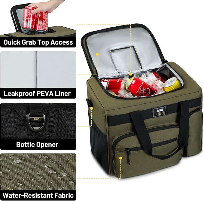 MIER 30L Extra Large Soft Cooler Bag with Bottle Opener for Camping Beach BBQ Grocery Golf Leakproof Picnic Lunch Bag, Collapsible, Top Flip Lid, 45Can (Dark Green)