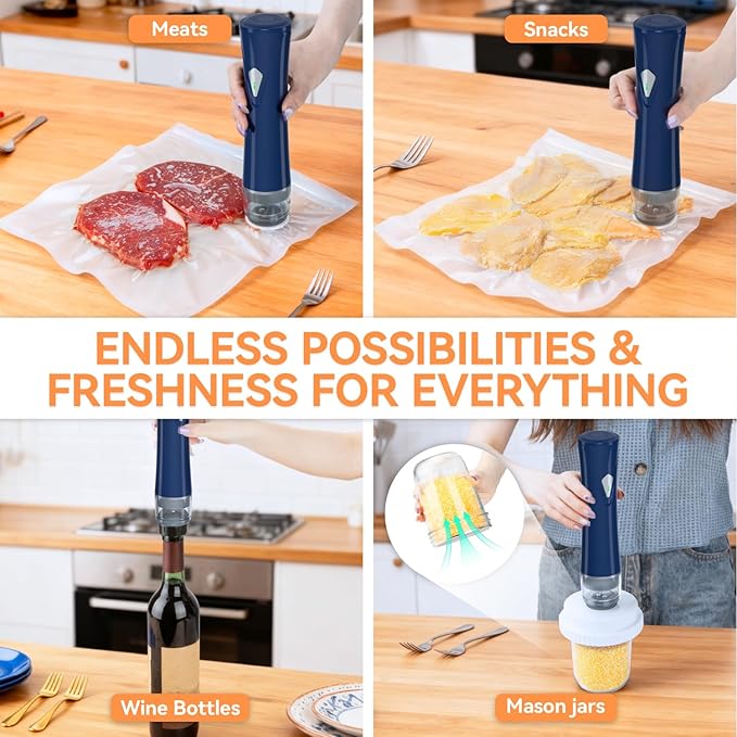 Compact Vacuum Sealer for Food with Bags & Mason Jar Kit, Saver 5X Fresh Longer, 15PCS Reusable Bags, Wide and Regular Mouth Kits, Wine Stopper for Kitchen Fridge Travel Seal Meal