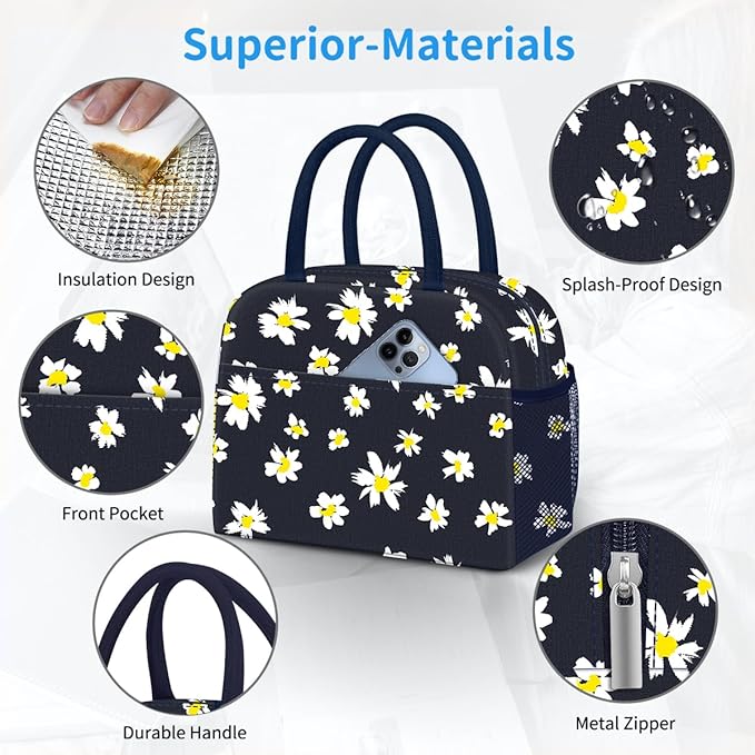 DALINDA Lunch Bag Lunch Box for Women Men Reusable Insulated Cooler Lunch Tote Bags, Leakproof Cute LunchBag Large Capacity for Work Travel Picnic, Daisy