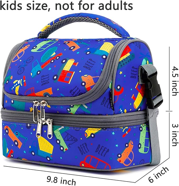 FlowFly Kids Double Decker Cooler Insulated Lunch Bag Large Tote for Boys, Girls, Men, Women, With Adjustable Strap, Car