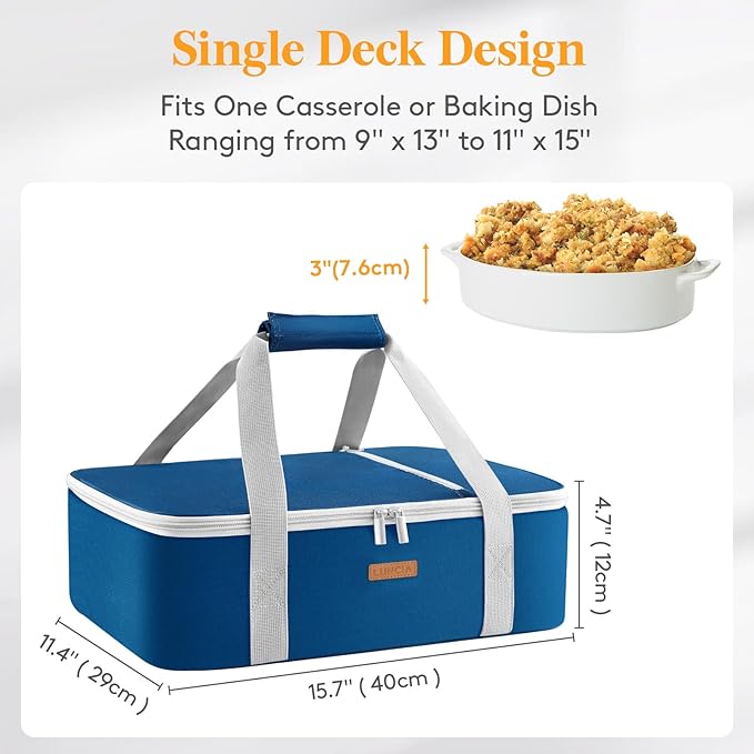 LUNCIA Insulated Casserole Carrier for Hot or Cold Food, Lasagna Lugger Tote for Potluck Parties/Picnic/Cookouts, Fits 9"×13" Baking Dish, Pure Blue
