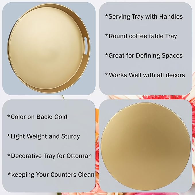 Round Gold Decorative Serving Tray with Handles, 13” Versatile Ottoman Tray for Coffee Table, Entertaining, Outdoor Patio, Living Room