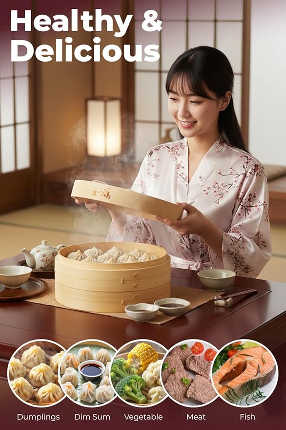 Prime Home Direct Bamboo Steamer Basket 8-Inch | 2-Tier Steamer for Cooking | 50 Liners | Small Instant Steaming Cookware Asian Food, Bao Buns, Chinese, Dim Sum, Dumpling, Rice, Vegetable Steam Pot